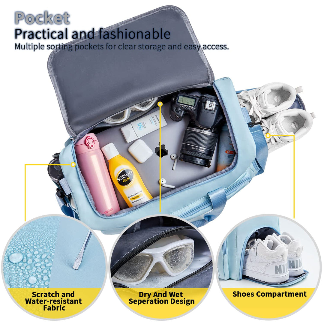 FIORETTO Women's Water-Resistant Gym Duffle Bag with Shoes Compartment, 37L Capacity, Multi-Functional, Ideal for Travel, Gym, Sports, Weekender, Light Blue