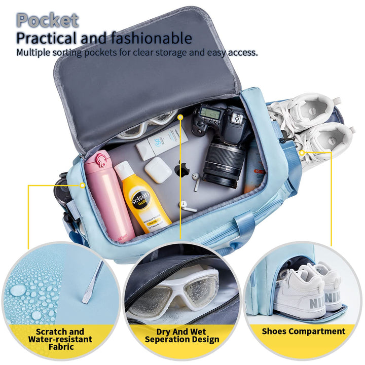 FIORETTO Women's Water-Resistant Gym Duffle Bag with Shoes Compartment, 37L Capacity, Multi-Functional, Ideal for Travel, Gym, Sports, Weekender, Light Blue