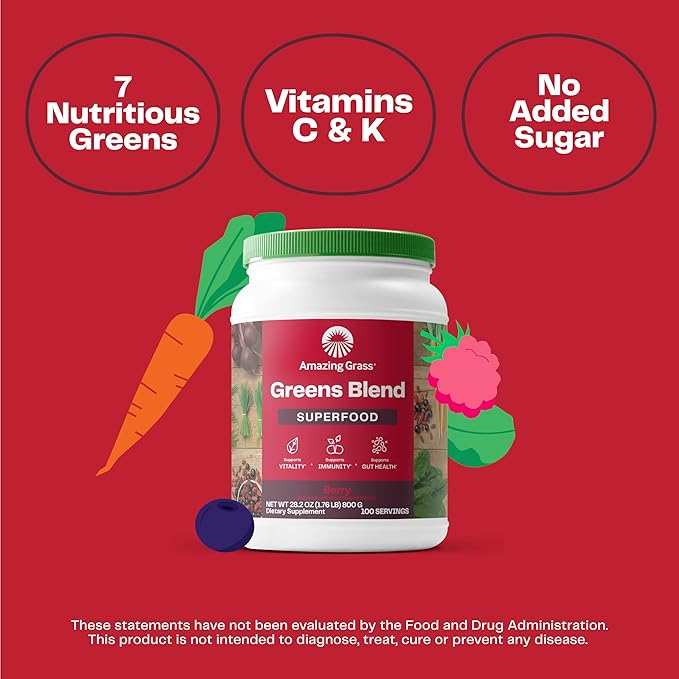 Amazing Grass Greens Blend Superfood: Super Greens Powder with Spirulina, Chlorella, Beet Root Powder, Digestive Enzymes, Prebiotics & Probiotics, Berry, 100 Servings (Packaging May Vary)