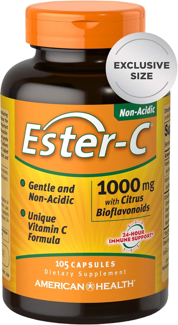 American Health Ester-C 1000 mg with Bioflavonoids Capsules 24Hour Immune Support Gentle on Stomach NonAcidic Vitamin C NonGMO Gluten-Free Servings, Citrus, 105 Count