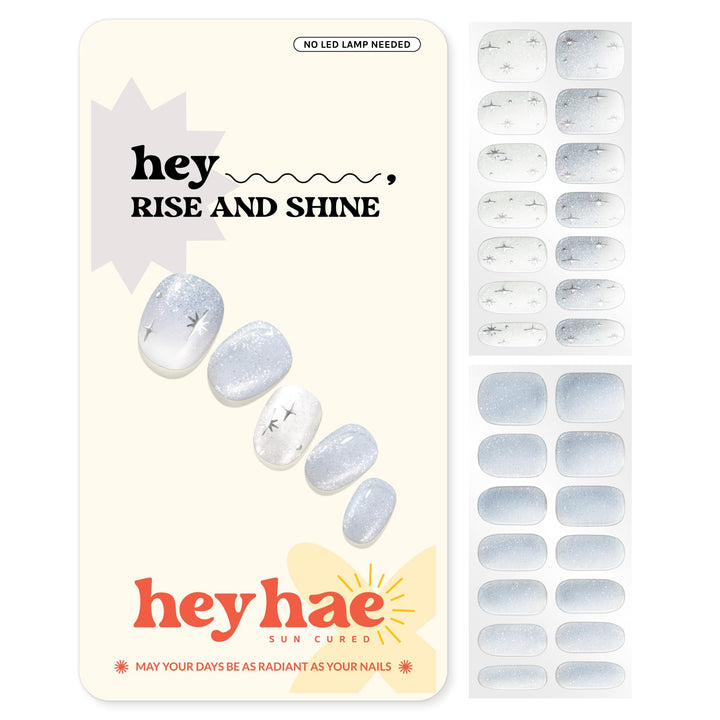 Heyhae Semi Cured Gel Nail Strips | No LED Lamp Needed | Glitter, Blue, White | Easy Apply & Remove, Salon Quality | Includes 28 Strips, 1 Prep Pads, Nail File & Wooden Stick - Hey, Rise and Shine