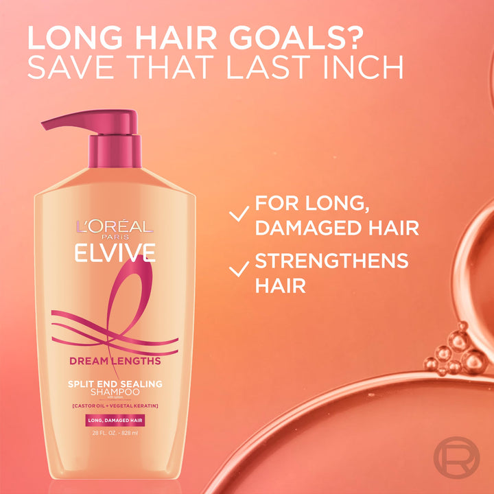 L'Oreal Paris Elvive Dream Lengths Restoring Shampoo With Fine Castor Oil and Vitamins B3 and B5 for Long, Damaged Hair, Visibly Repairs Damage Without Weighdown With System, 28 Fl Ounce