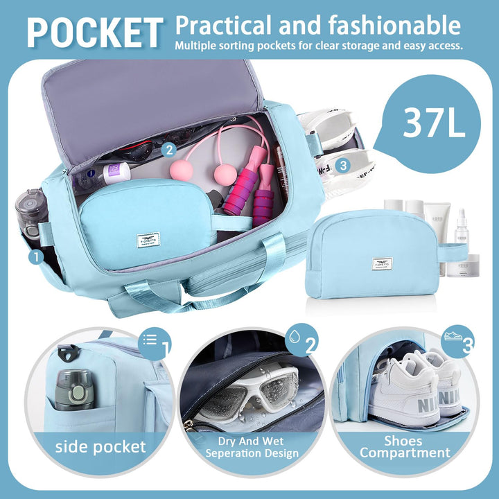 FIORETTO Women's Water-Resistant Gym Duffle Bag with Shoes Compartment, 37L Capacity, Multi-Functional, Ideal for Travel, Gym, Sports, Weekender, with Toiletry Bag, Light Blue