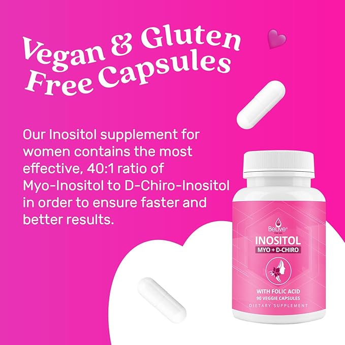 BeLive Myo-Inositol & D-Chiro Inositol Capsules - 90Ct I Inositol Supplement with Folic Acid Supplements for Woman, Optimal 40:1 Ratio (1)