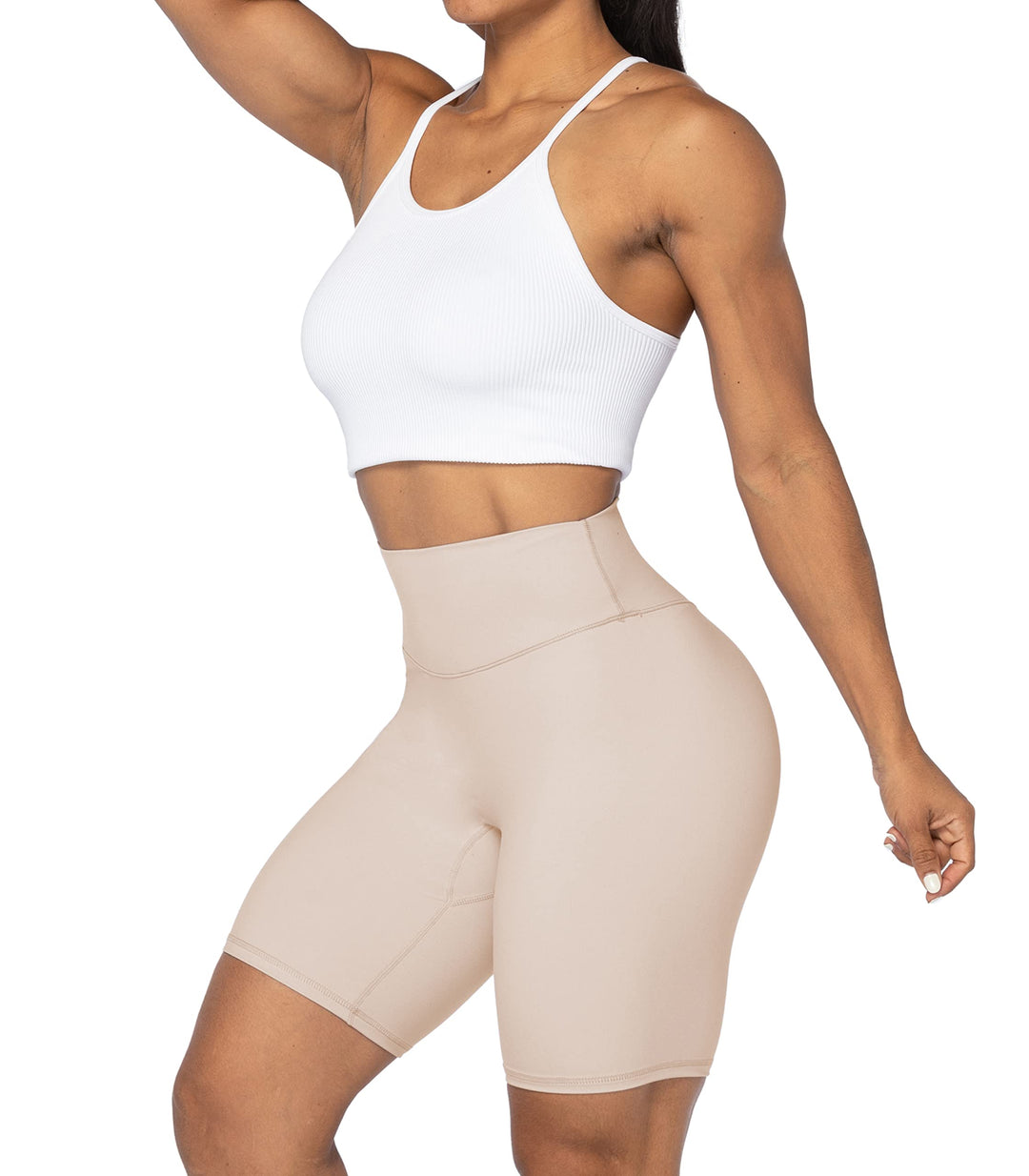 Sunzel 8" High Waist Biker Shorts for Women No Front Seam Soft Yoga Workout Gym Bike Shorts Tummy Control Squat Proof Beige