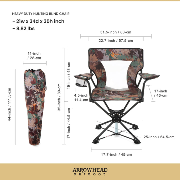 ARROWHEAD OUTDOOR 360° Degree Swivel Hunting Chair Stool Seat, Perfect for Blinds, No Sink Feet, Supports up to 450lbs, Carrying Case, Steel Frame, Fishing, High-Grade 600D Canvas, USA-Based Support