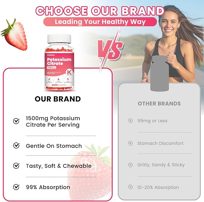 Potassium Gummies for Adults Women & Men, Potassium Citrate Supplement, Support Leg Cramps, Muscle Health & Electrolyte Balance, Sugar Free, Organic, Vegan, Strawberry, 60 Cts