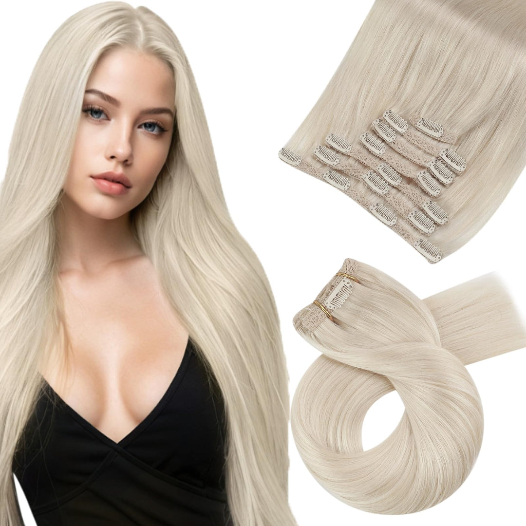 Moresoo Clip In Hair Extensions Blonde Remy Human Hair Extensions Clip In Platinum Blonde Double Weft Hair Extensions Real Human