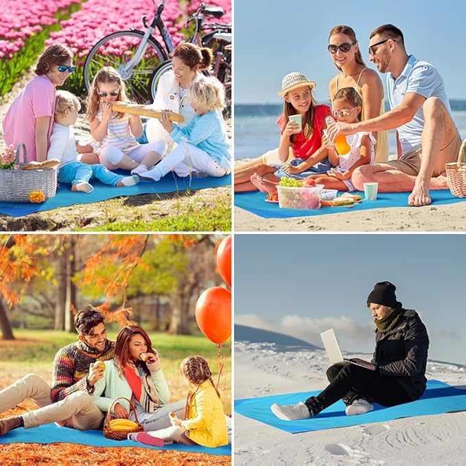 Picnic Blanket, Mini Pocket Beach Mat 55.1 x 70.8IN (3-5 People) Foldable, Lightweight Waterproof Sand Free, Foldable Thin Ground Sheet for Outdoor Camping Hiking Travel - with Hand Strap