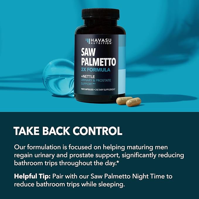 Saw Palmetto with Stinging Nettle Capsules - 2X Prostate Support Supplement for Men’s Health - 120 Count - DHT Blocker for Urinary Tract Function and Hair - Vegan, Non-GMO - 2 Month Supply