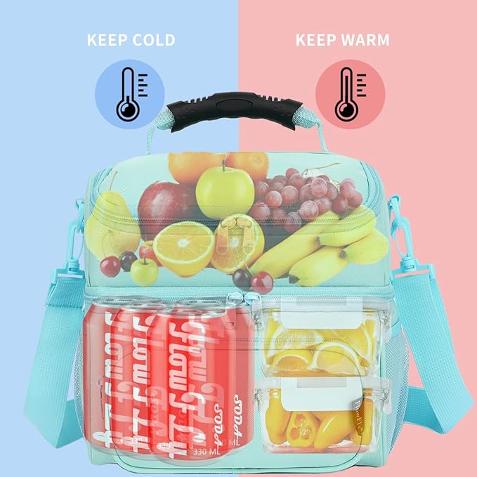 FlowFly Double Layer Cooler Insulated Lunch Bag Adult Lunch Box Large Tote Bag for Men, Women, With Adjustable Strap,Front Pocket and Dual Large Mesh Side Pockets