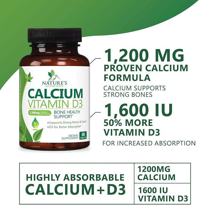 Calcium Supplement with Vitamin D - 1200 mg Calcium Carbonate with 1600 IU of D3 Vitamins - Supports Bone Strength, Teeth & Immune System - Natural & Easily Absorbable for Women & Men - 60 Tablets