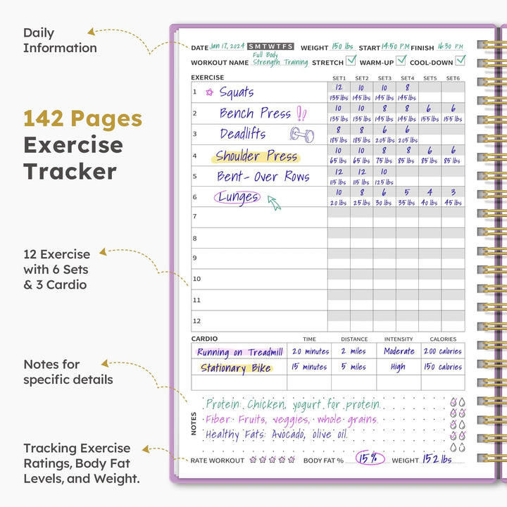 Fitness Workout Journal for Women & Men, A5(5.5" x 8.2") Workout Log Book Planner for Tracking, Progress, and Achieving Your Wellness Goals - Purple