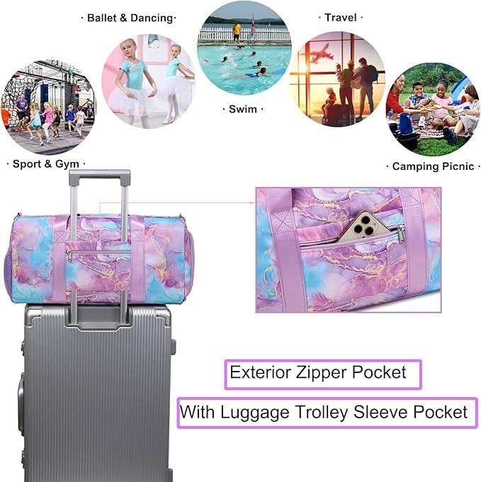 Gym Bag Sports Duffle Bag Dance Bag Ballet Bag with Separate Dry Wet Pocket and Shoes Compartment Weekender Overnight Bag Travel Foldable Bag for Girls Teen Women(Purple)