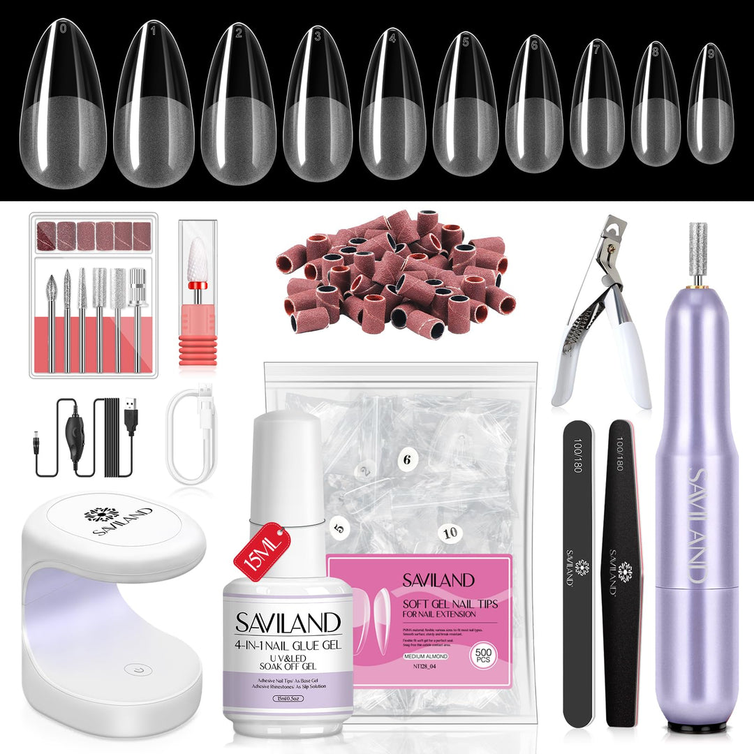 Saviland Almond Gel X Nail Kit - Nail Drill Kit U V Lamp For Nail 500Pcs Nail Tips And Glue Gel Kit Easy Use Manicure Tool For N