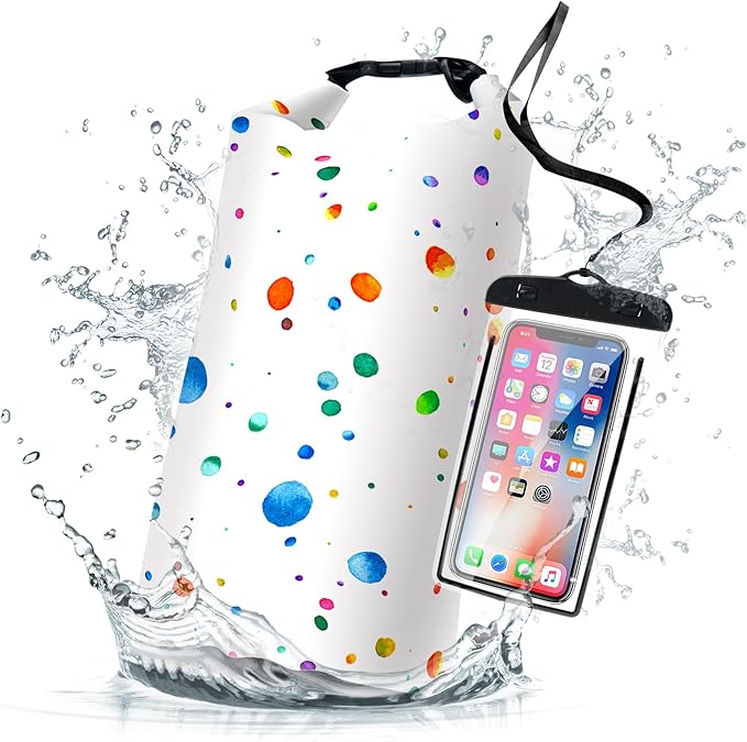 Waterproof Dry Bag,Roll Top Colorful Polka Dot Waterproof Backpack 5L/10L/20L Floating and Lightweight Bags for Kayaking, Boating, Fishing, Swimming and Camping with Waterproof Phone Case