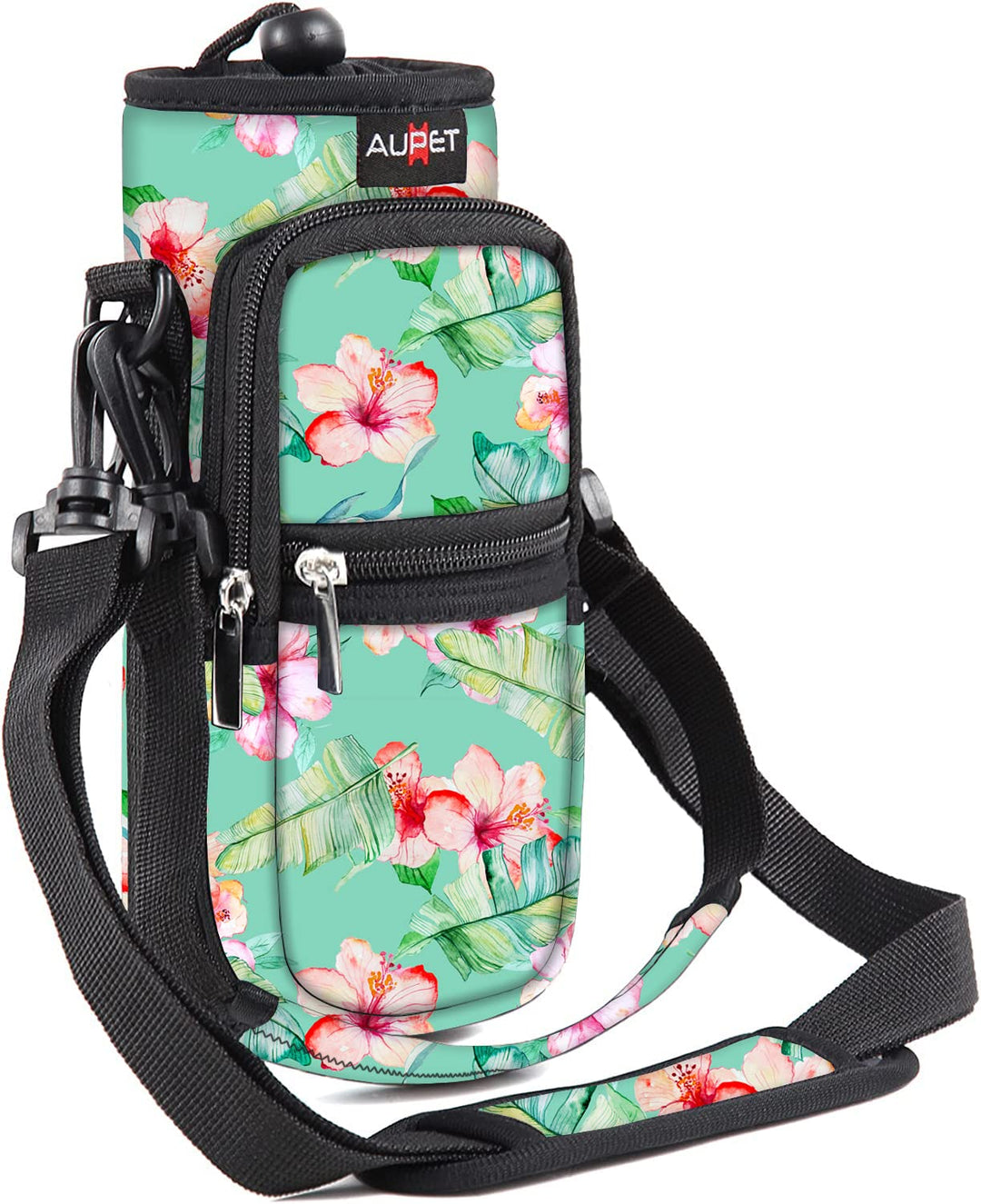 Water Bottle Sling Bag Sleeve Holder Carrier 25/32/40/64 oz ,Insulated Crossbody Water Bottle Case Cover with Strap and Pockets for Men/Women Walking Hiking Camping (25oz, flowers green background)