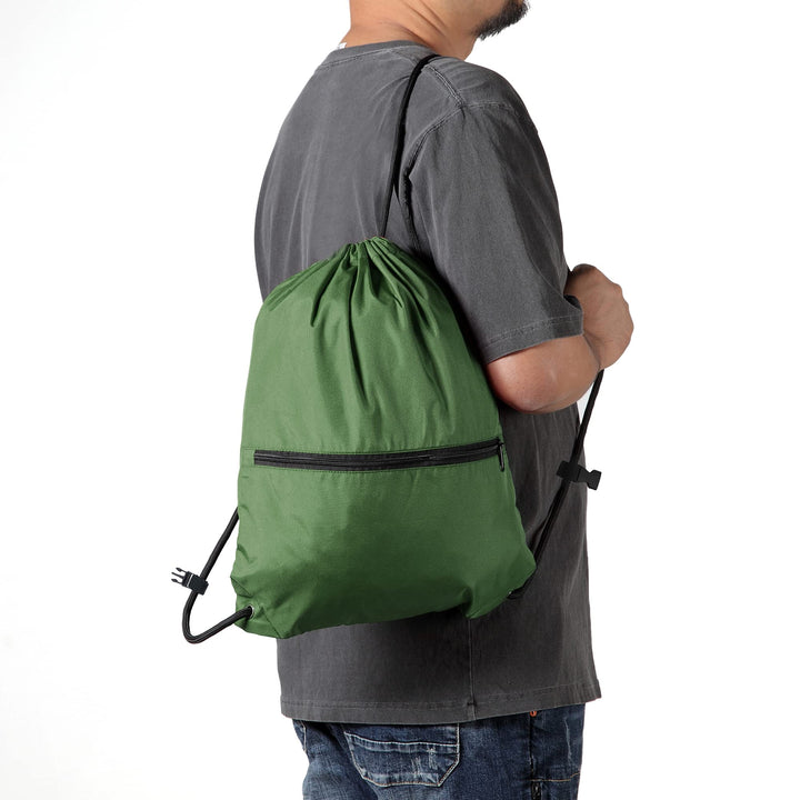 BeeGreen Dark Green Drawstring Backpack with Front Zipper Pocket and Inner Pocket Large 18.5" L x 13.8" W String Sackpack Cinch Sack Gym Sports Workout Bag For Men Women
