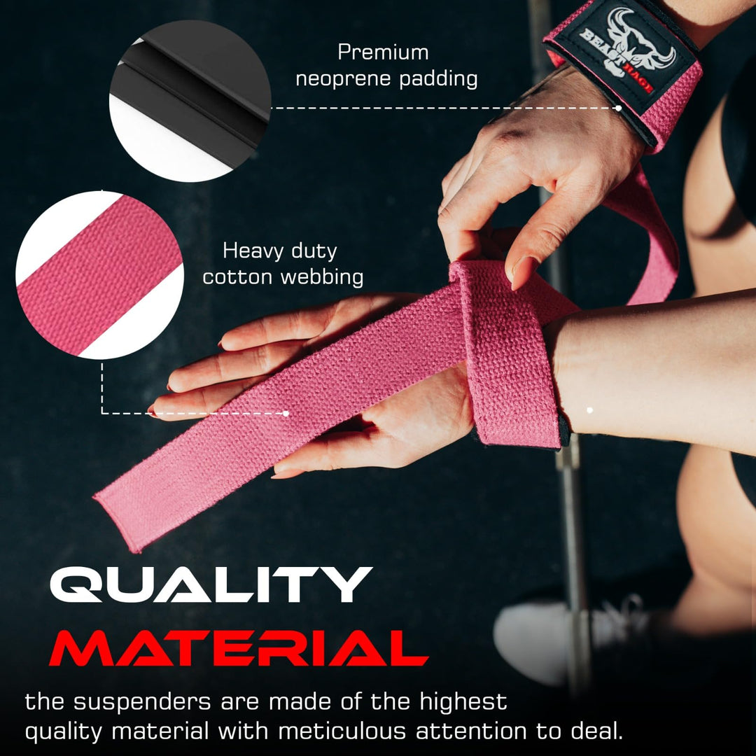 BEAST RAGE Lifting Wrist Straps for Weightlifting, Weight Lifting Straps Gym Power Workouts Lifting Straps Padded Cotton Men Women Supportive Lift Deadlift Straps Hard Pull Exercise Straps (Pink)