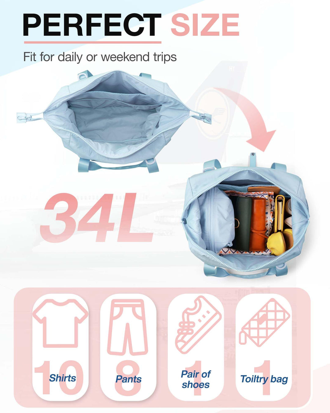 BAGSMART BAGSMART Gym Bag for Women, Carry on Weekender Overnight Bag, Travel Duffel Bags, Personal Item Travel Bag Tote Bag Workout Dance Bag, Light Blue-34L