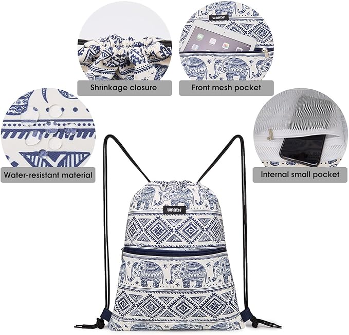 WANDF Drawstring Backpack String Bag Sackpack Cinch Water Resistant Nylon for Gym Shopping Sport Yoga (Blue Elephant with zipper)