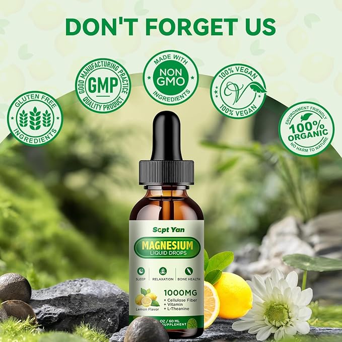 Magnesium Glycinate Liquid Drops, 1000mg Magnesium Glycinate, Citrate & Threonate with Cellulose Fiber, L-Theanine, Vitamin B & C for Sleep, Muscle, Energy & Relaxation, Sugar-Free Lemon Flavor
