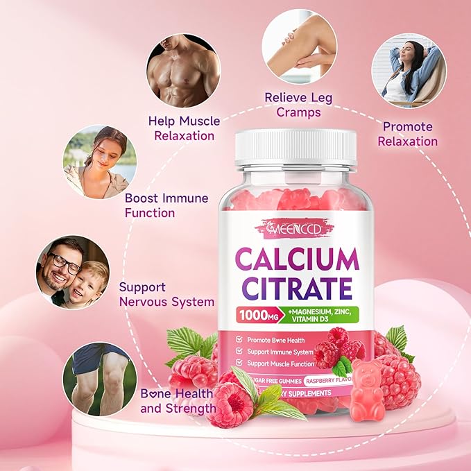 Calcium Citrate Gummies 1000mg w/Vitamin D3, High Absorption Calcium Supplement for Women & Men, Plus Magnesium, Potassium, Zinc for Muscle & Immune, Sugar-Free, Raspberry Flavor, 60 Count