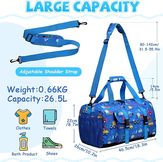 Kids Overnight Duffle Bags,Kasqo Boys Travel Bag Water Resistant Sports Gym Duffel Bag for Teens Girls Sleepover Bag Weekender Carry On Tote with Shoes Compartment Dry Wet Pocket,Blue Cars