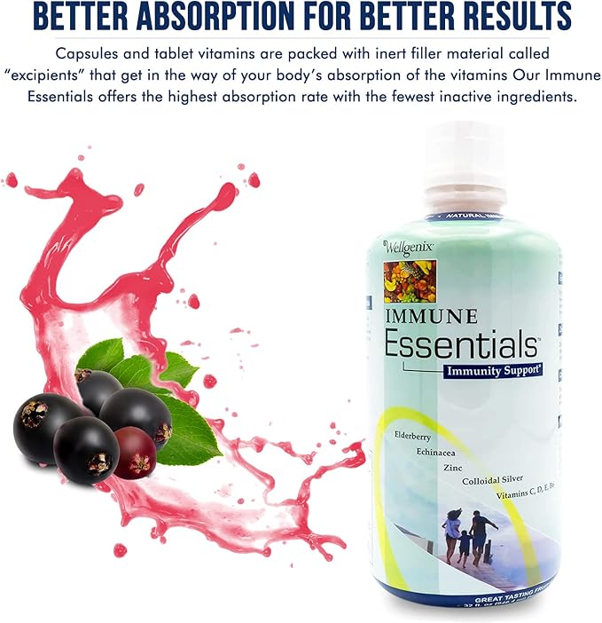 Wellgenix Immune Essentials – 12 in 1 Natural Immune System Support Supplement - Liquid Nutritional Multivitamin - Boosts Immune System and Overall Health For Kids & Adults - Fruit Punch Flavor 32 oz