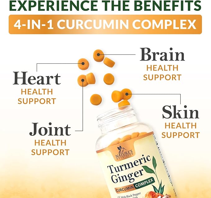 Turmeric Gummies with Black Pepper & Ginger for Best Absorption, 95% Curcuminoids Tumeric Curcumin Gummy, Nature's Herbal Extract Joint Support Supplement, Vegan Non-GMO, Peach Flavor - 120 Gummies
