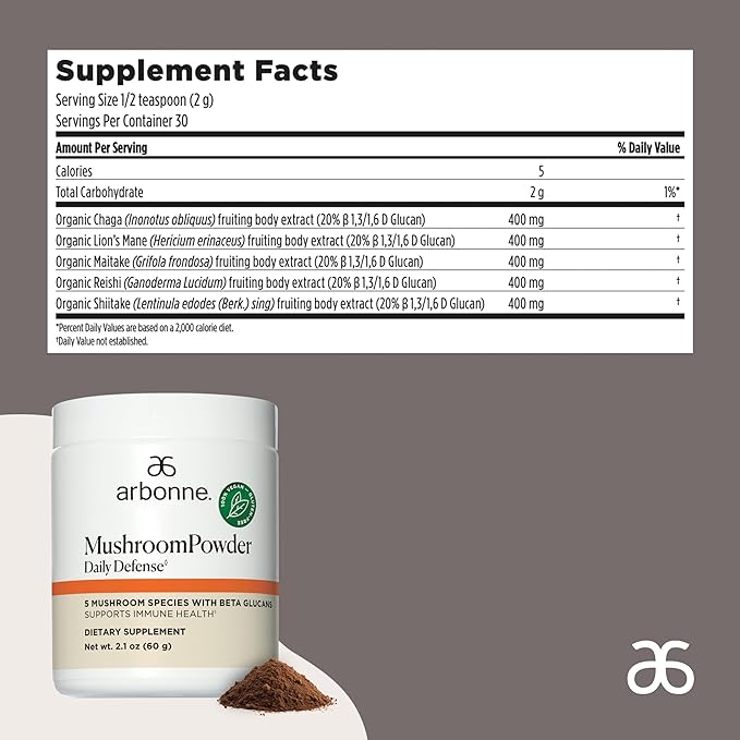 Arbonne Mushroom Powder Daily Defense - Daily Mushroom Supplement Powder Superblend That Supports Immune and Cognitive Health, 100% Organic Mushrooms, 2.1 oz