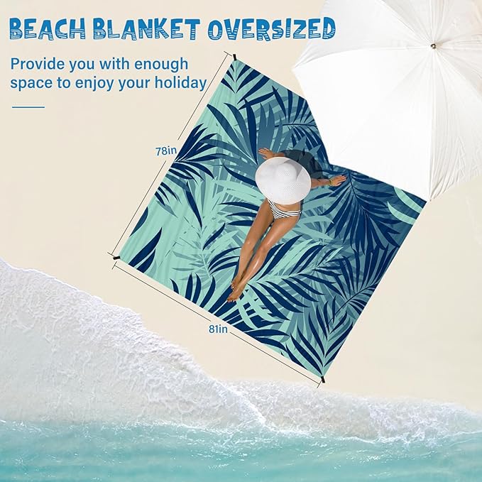 Beach Blanket Waterproof Sandproof 1-7 Adult Oversized 78 '' × 81 '' Lightweight Durable Compact Sand Free Beach Mat for Travel Camping Hiking Picnic Blanket Extra Large