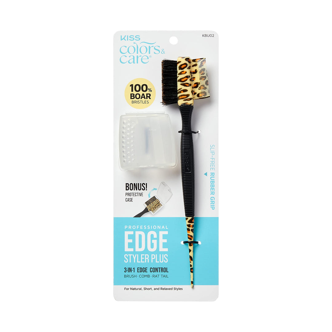 KISS Colors & Care 3-in-1 Professional Edge Styler Plus with Case - Slip-Free Rubber Grip, 100% Boar Bristles, Fine Tooth Comb, Pin Tail Tool, & Protective Case, Versatile & Ultra-Functional, Smooth & Sleek Styling