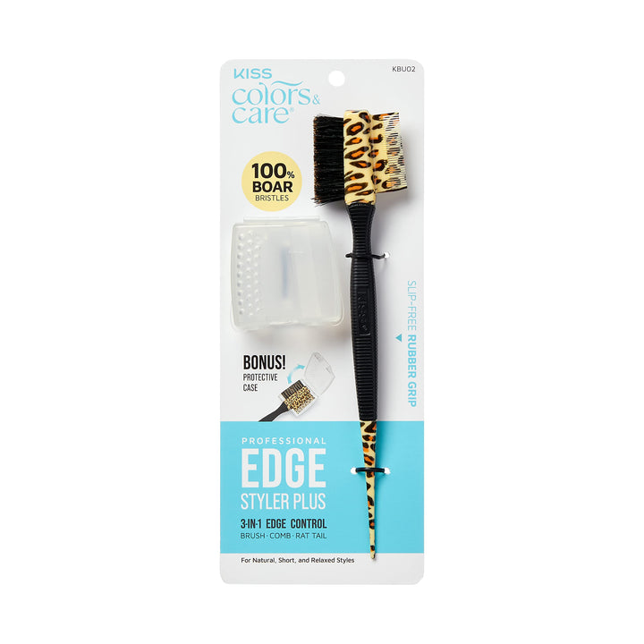 KISS Colors & Care 3-in-1 Professional Edge Styler Plus with Case - Slip-Free Rubber Grip, 100% Boar Bristles, Fine Tooth Comb, Pin Tail Tool, & Protective Case, Versatile & Ultra-Functional, Smooth & Sleek Styling