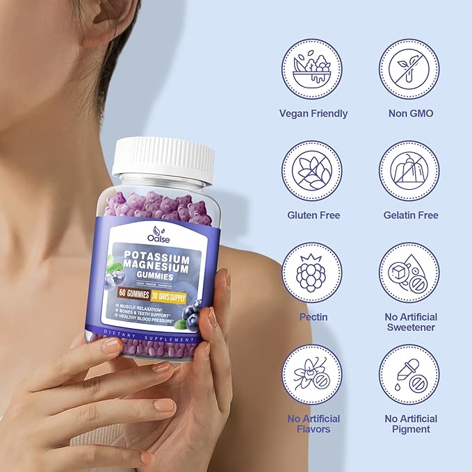 Potassium Magnesium Gummies for Adults Kids, High Absorption Potassium Citrate 99mg Magnesium Citrate 400mg, Chewable Gummy Supplements for Leg Cramps & Heart Health Blueberry 60 Count(Pack of 2)