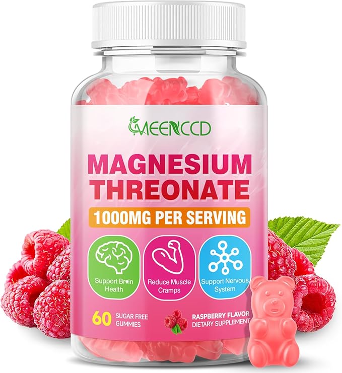Magnesium Threonate Gummies 1000mg, Magnesium L-Threonate Supplement for Kids & Adults, Muscle & Nervous System Support, Non-GMO, Sugar-Free, Raspberry Flavor, 60 Count