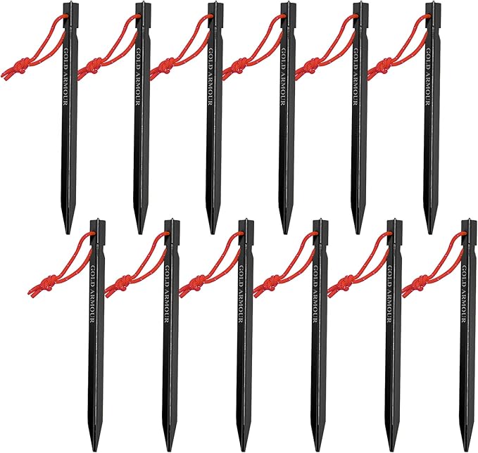 Gold Armour Tent Stakes - 12 Pack Heavy Duty, Lightweight, Camping Stakes Pegs for Outdoor Tent and Tarp, Essential Camping Gear Equipment Accessories (Black)