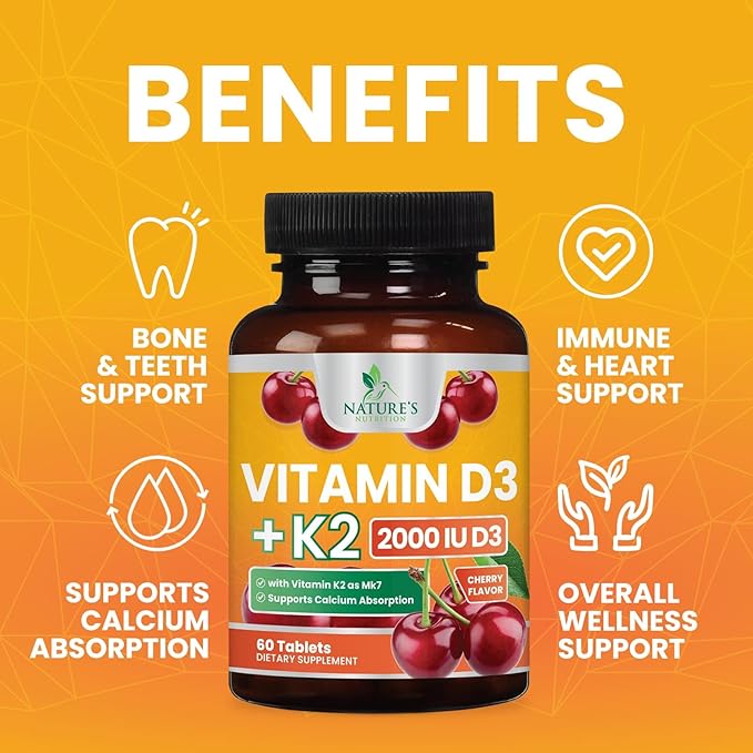 Vitamin D3 K2 2000 IU Plus with K2 (MK-7) 75 mcg - Vitamins D & K Complex Supplement for Bone, Teeth, Muscle, Calcium Absorption, Supports Immune & Heart Health, Non-GMO Chewable Formula - 60 Tablets
