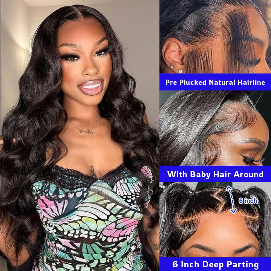 32 Inch 13x6 Body Wave Lace Front Wigs Human Hair 200 Density 13x6 HD Lace Frontal Wigs Human Hair Pre Plucked Natural Hairline Body Wave Glueless Human Hair Wig for Women