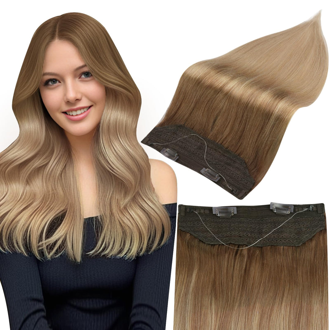 Fshine Wire Hair Extensions Real Human Hair Color 10/14 Light Brown to Golden Blonde Secret Fish Line Hairpiece 16 Inch Clip in Extension Human Hair 100G