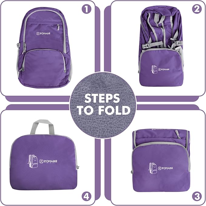 ZOMAKE Lightweight Packable Backpack 30L - Foldable Hiking Backpacks Water Resistant Compact Folding Daypack for Travel(Purple)