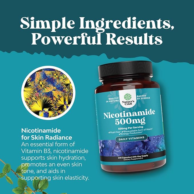 Vitamin B3 Niacinamide 500mg Capsules - Mitochondrial Energy and Potent Skin Supplement - AKA Vitamin B3 Niacin 500mg Flush Free and Nicotinamide 500mg - Flush Free Niacin Supplement - 240 Count