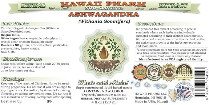 Ashwagandha Alcohol-Free Liquid Extract, Organic Ashwagandha (Withania Somnifera) Dried Root Glycerite Hawaii Pharm Natural Herbal Supplement 2 oz