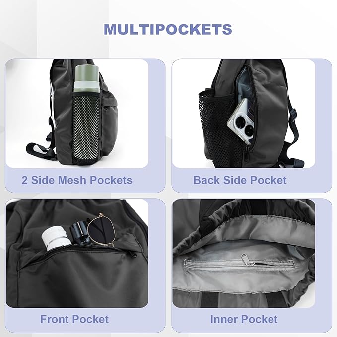 BeeGreen Drawstring Backpack Sports Gym Bag With Shoe Compartment and Two Water Bottle Holder …