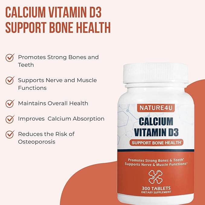 Calcium 1000 mg with Vitamin D3, Bone Health Supplement for Adults, Support Muscel Nerve Health and Calcium Absorption, 300 Tablet