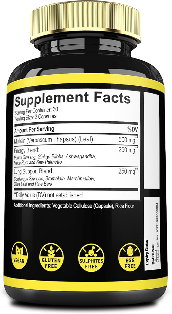 Mullein Leaf Supplement with Panax Ginseng Root, Cordyceps Sinensis & More - 60 Capsules - 11in1 Support Respiratory Health, Immune System, Energy Production, and Ability to Remember