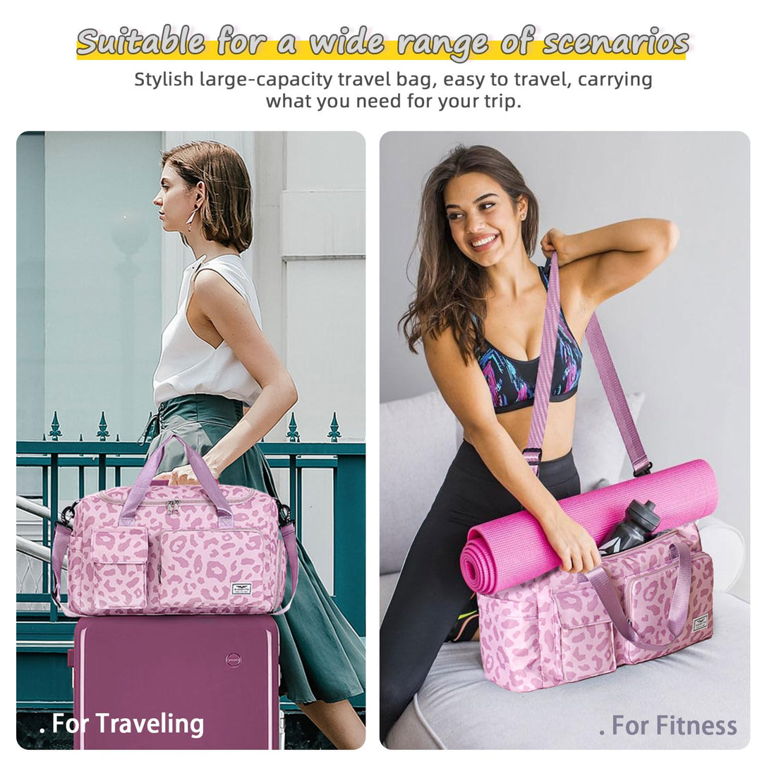 FIORETTO Women's Water-Resistant Gym Duffle Bag with Shoes Compartment, 37L Capacity, Multi-Functional, Ideal for Travel, Gym, Sports, Weekender, Leopard Print