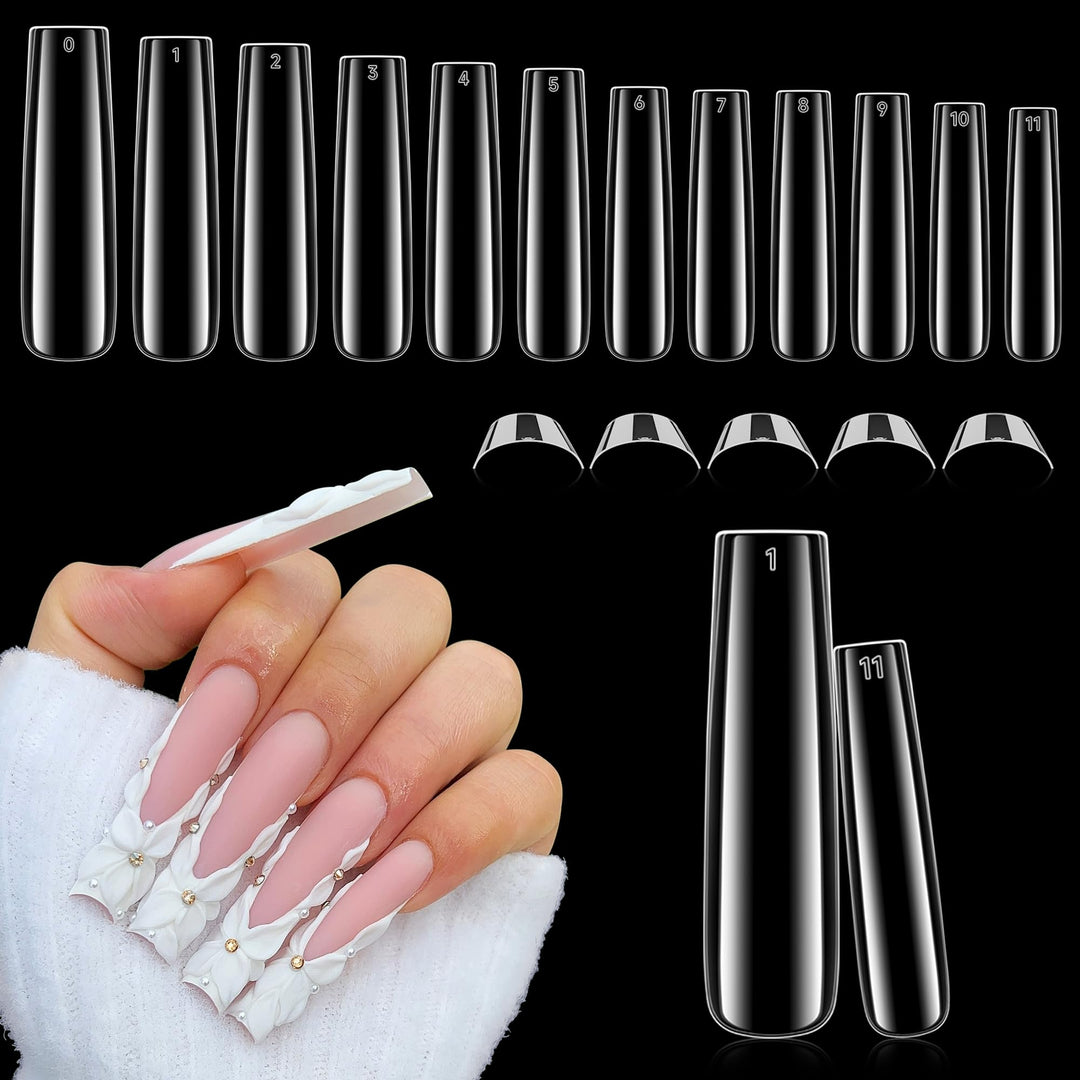 Luckyfairy Tapered Square Nail Tips, XXL 240Pcs 12 Sizes Full Cover Fake Nails Extra Long Straight Nail Tips No C Curve Gel Nails Clear Gel Nails Tips Nail Extension for DIY Nail Art
