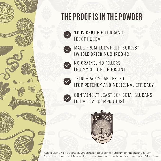 Hamilton’s Lucid Lion’s Mane | Organic Mushroom Extract Powder for Synapse Repair, Nerve Growth Factor, Focus, Memory, and Concentration | High Potency | 30% Beta Glucans | GF, Non-GMO, Vegan (200g)