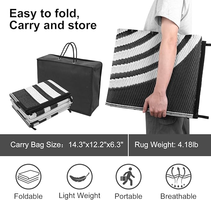 Anidaroel Outdoor Area Rug for Patio Clearance 6X9ft Waterproof, Reversible Plastic Straw Rug Outside Rug, UV Resistant RV Mat for Camping, Porch, Balcony, Pool Deck(Black&White, 6‘x9')